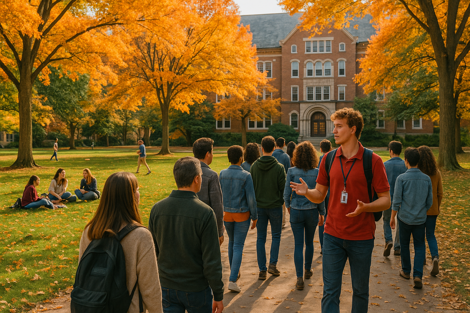 Prospective students and parents on a fall college campus tour walking past students on the lawn in front of a red brick building.