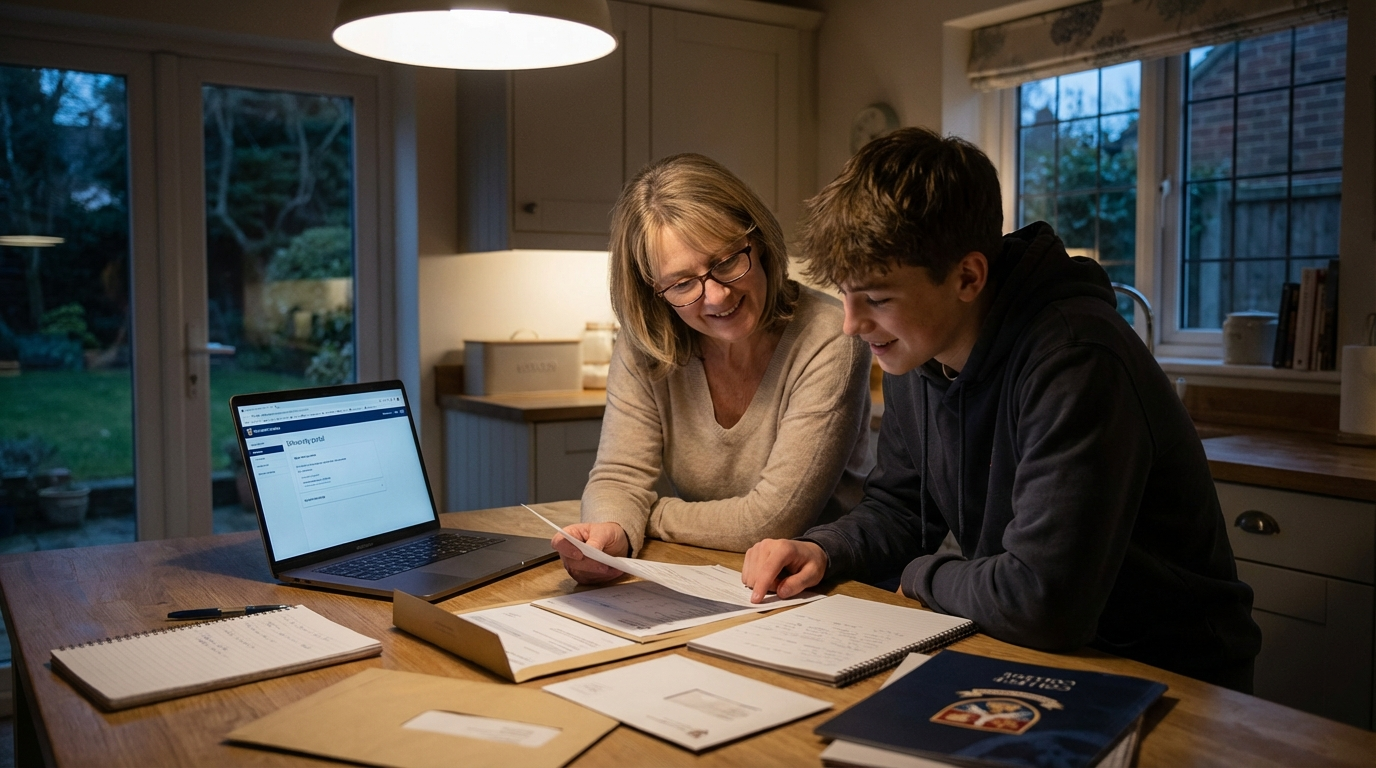 Parent and high school student reviewing college acceptance letters while deciding where to commit