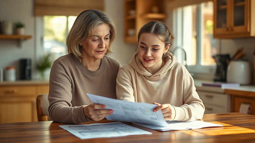 A parent and teen reviewing college financial-aid paperwork at the kitchen table